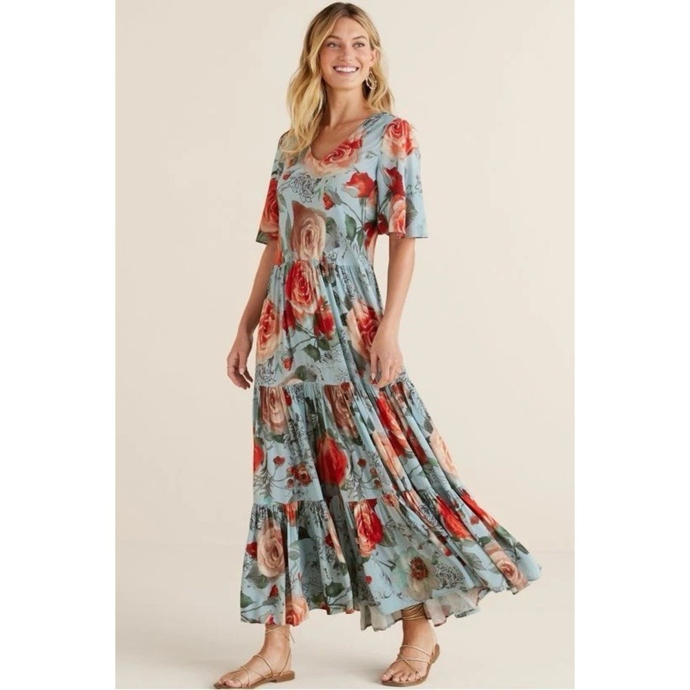 Soft Surroundings Womens XL First Blooms Blue Floral Tiered Maxi Dress